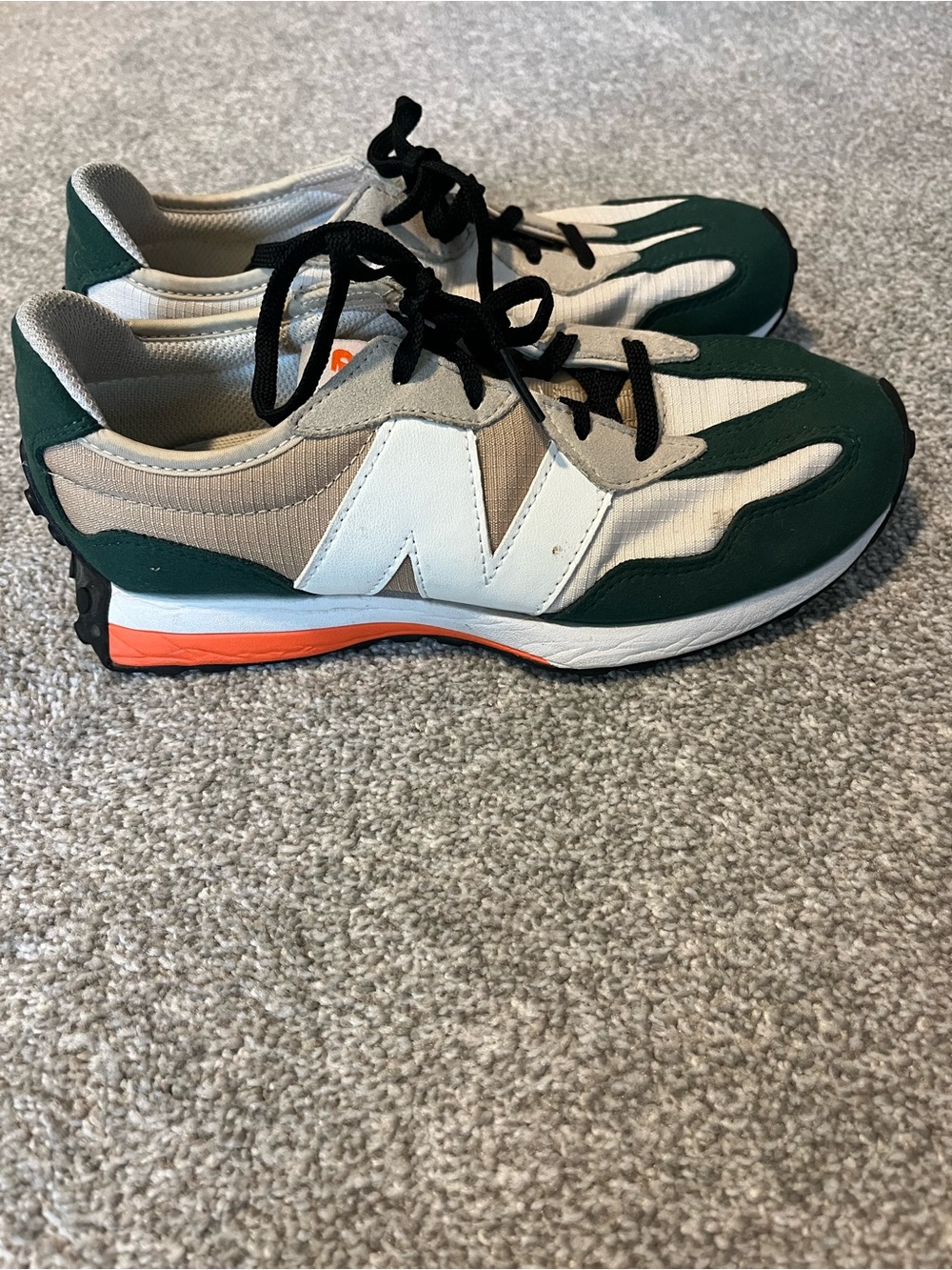 New Balance Men's Green White Beige Sneakers with Orange Accent
